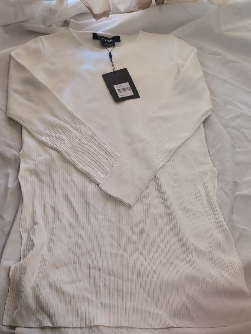 White Long-Sleeve Ribbed Dress